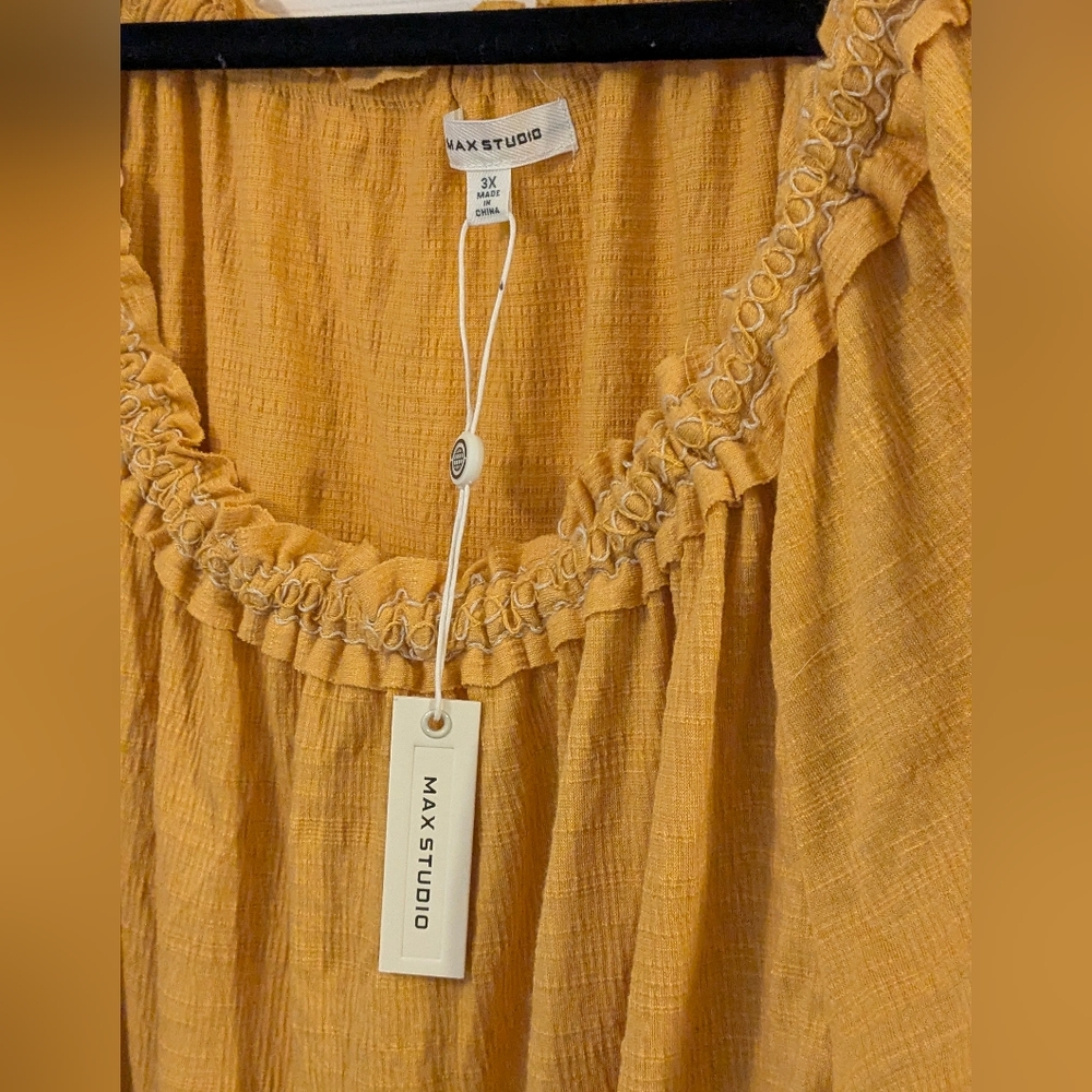 Max Studio 3X Mustard Boho Peasant Blouse Ruffle Neck Gauze Cottagecore Curvy - Picture 6 of 11
